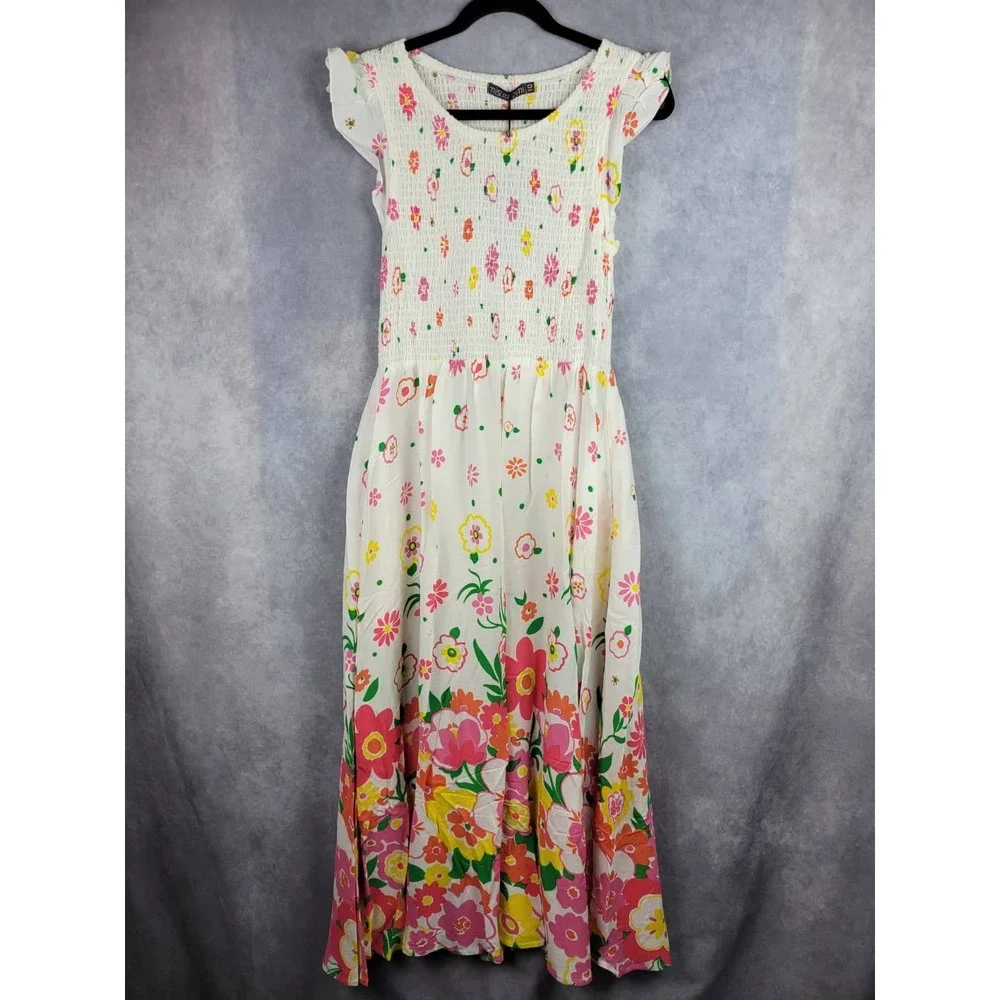 Mister Zimi Abbie Dress White‎ Meadow Floral Smocked Midi Size 10